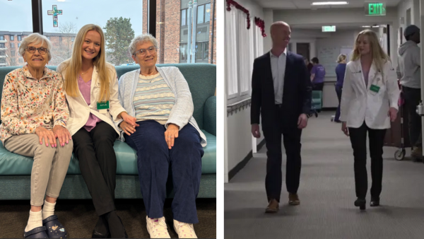 Kaylin Burton (M1) with two residents at Holland Home Raybrook.